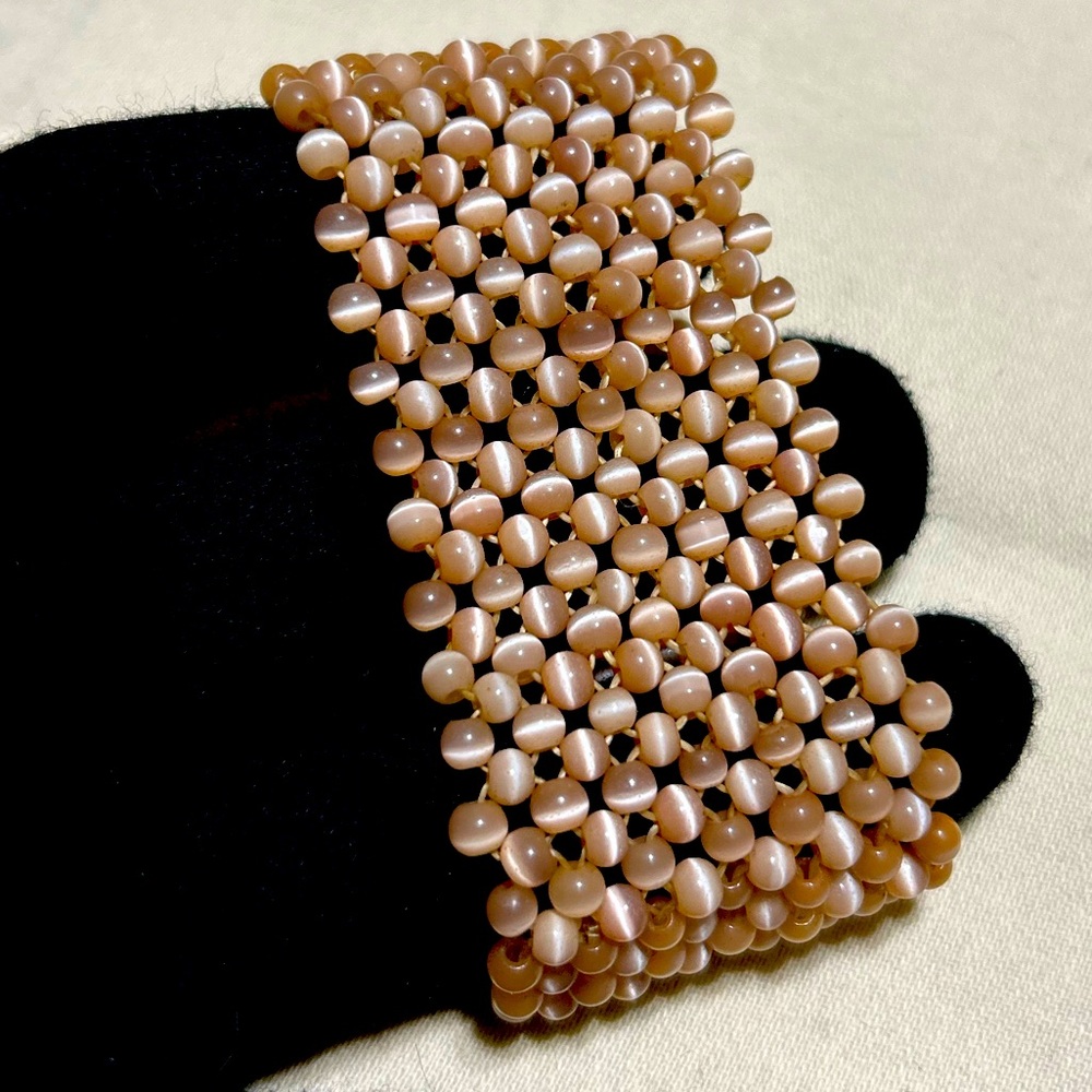 Faux Peach Cats Eye/Chrysoberyl Woven Cuff Bracelet 4mm beads strung on elastic